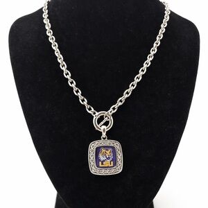 Silver tone LSU Pendant Necklace with Rhinestone Embellishments Game Day